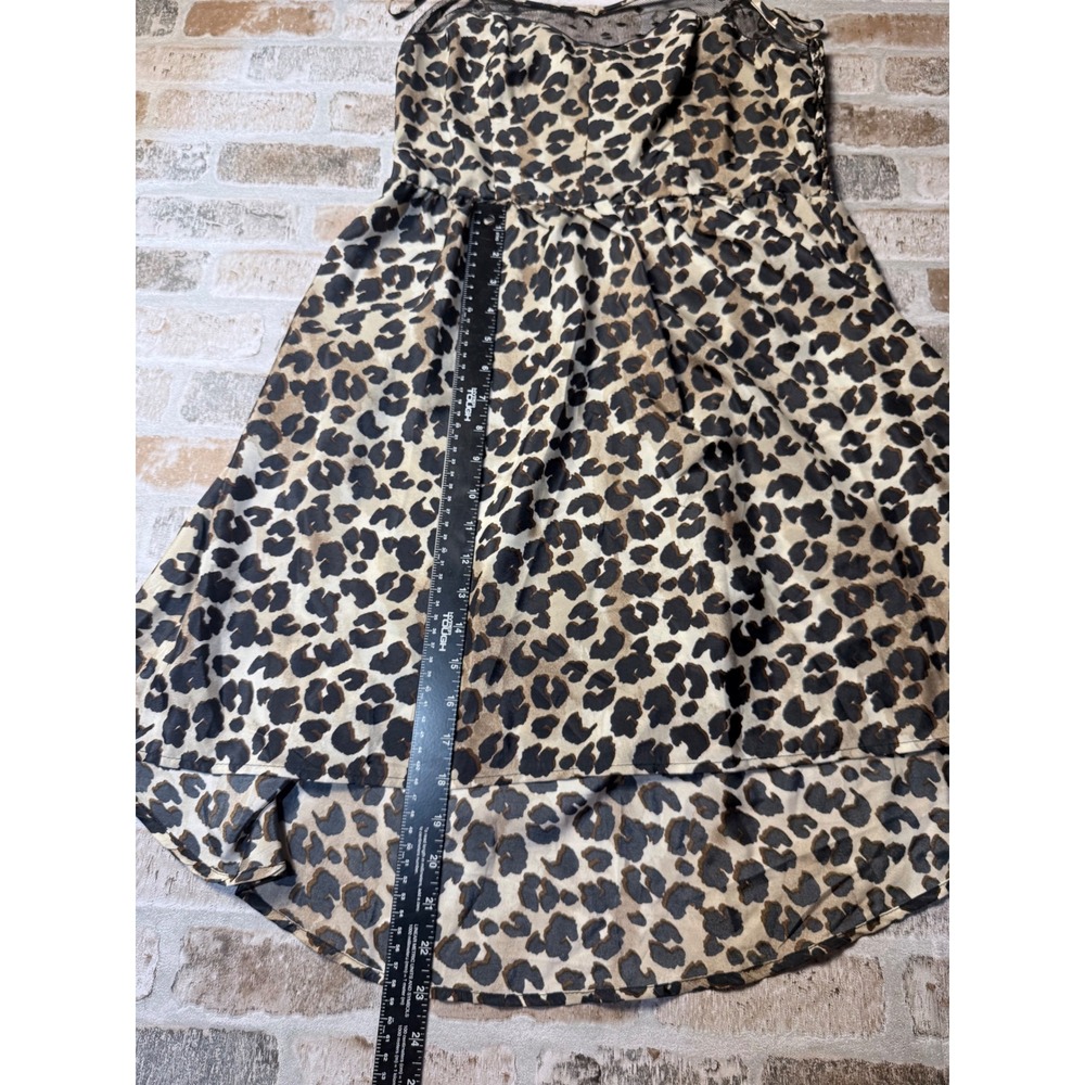 Xhilaration Leopard Print High-Low Dress Medium Tan Black Mesh Trim Smocked Back - Picture 4 of 6
